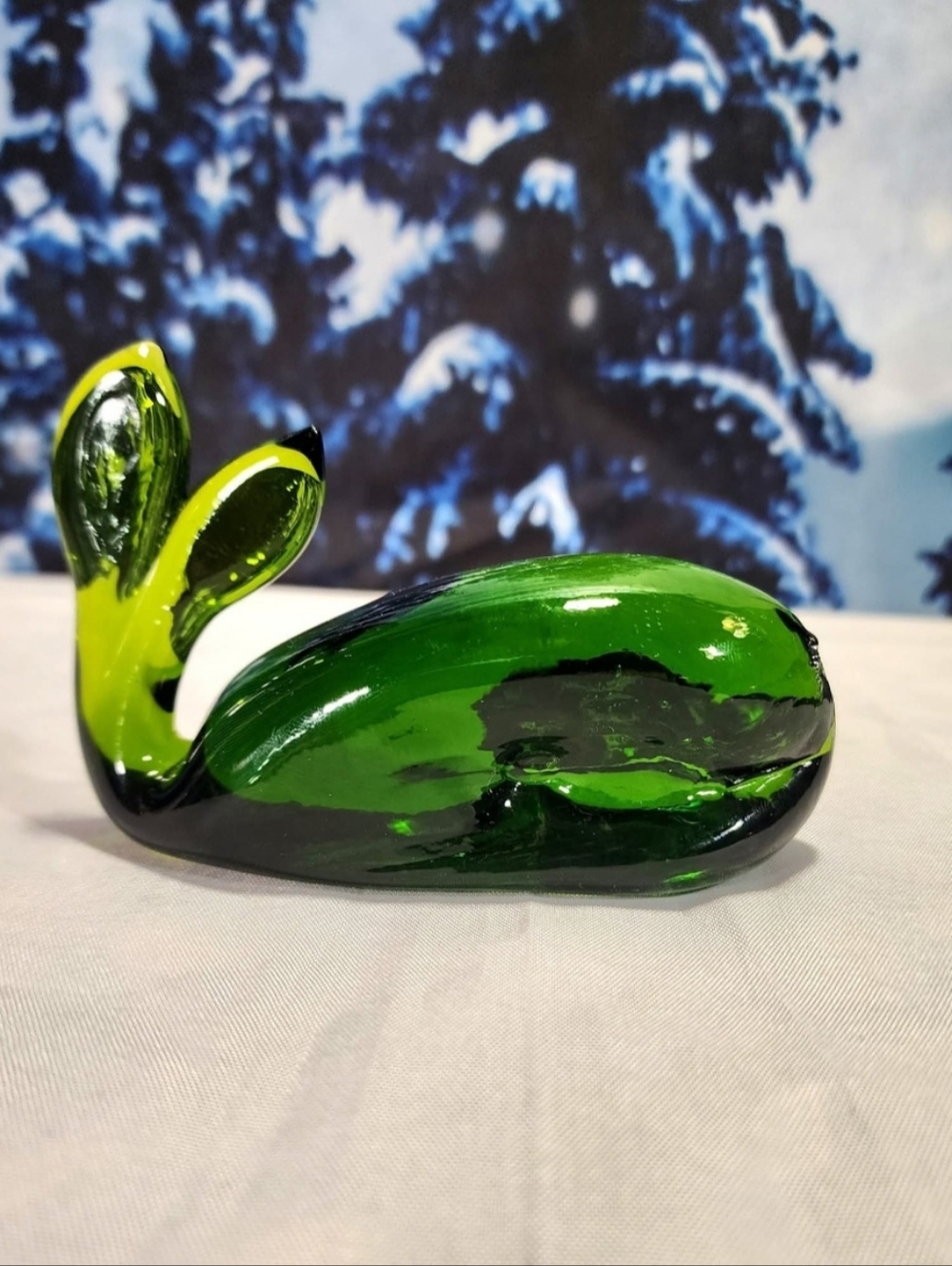Pilgrim Glass Mid-Century Green Glass Collectible Whale Figurine Paperweight